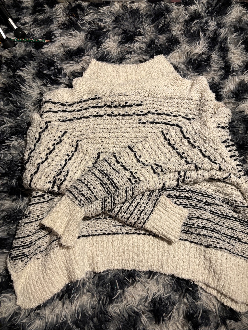 Cozy Cream and Black Textured Stripe Women's Sweater